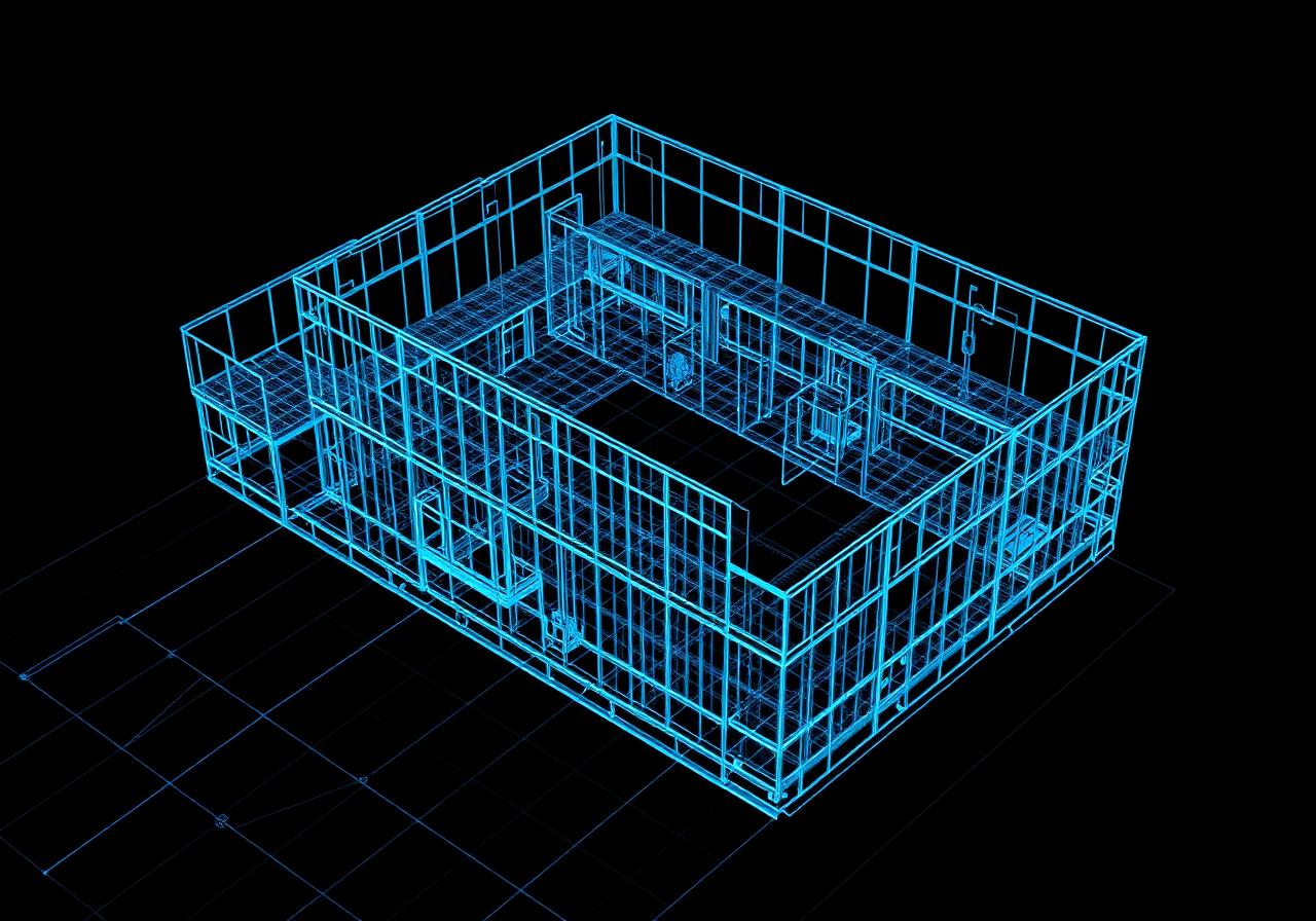 Isometric blueprint wireframe of a parametric building model